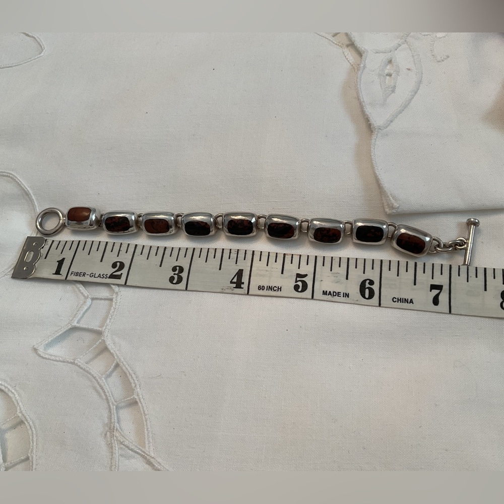 VINTAGE .950 SILVER MAHOGANY OBSIDIAN 9 LINK BRACELET, TOGGLE CLASP 36 GRAMS - Picture 9 of 16
